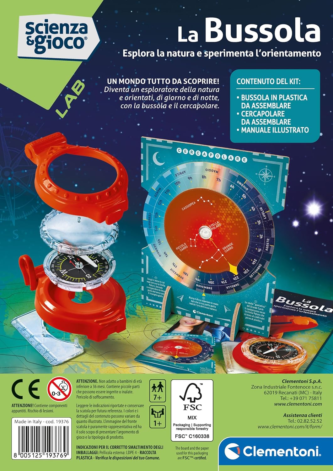 Clementoni Spiel Lab Orientation - Scientific Laboratory 7 Years, Experiments of Science, Magnetism, Compass Children to Assemble, in Italian, Made in Italy, Multi-Colour, 19376