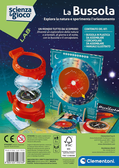 Clementoni Spiel Lab Orientation - Scientific Laboratory 7 Years, Experiments of Science, Magnetism, Compass Children to Assemble, in Italian, Made in Italy, Multi-Colour, 19376