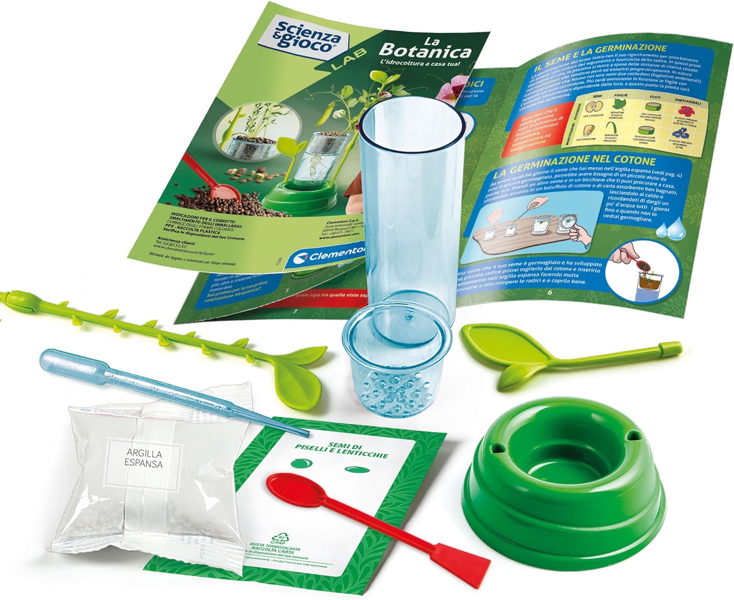 Clementoni Spiel Lab Pflanzgefäß Hydrokultur, Gemüsegarten Kinder, Anzuchtpflanzen, wissenschaftliches Labor 6 Jahre, Experimente Wissenschaft, Botanisch, auf Italienisch, Made in Italy, Mehrfarbig