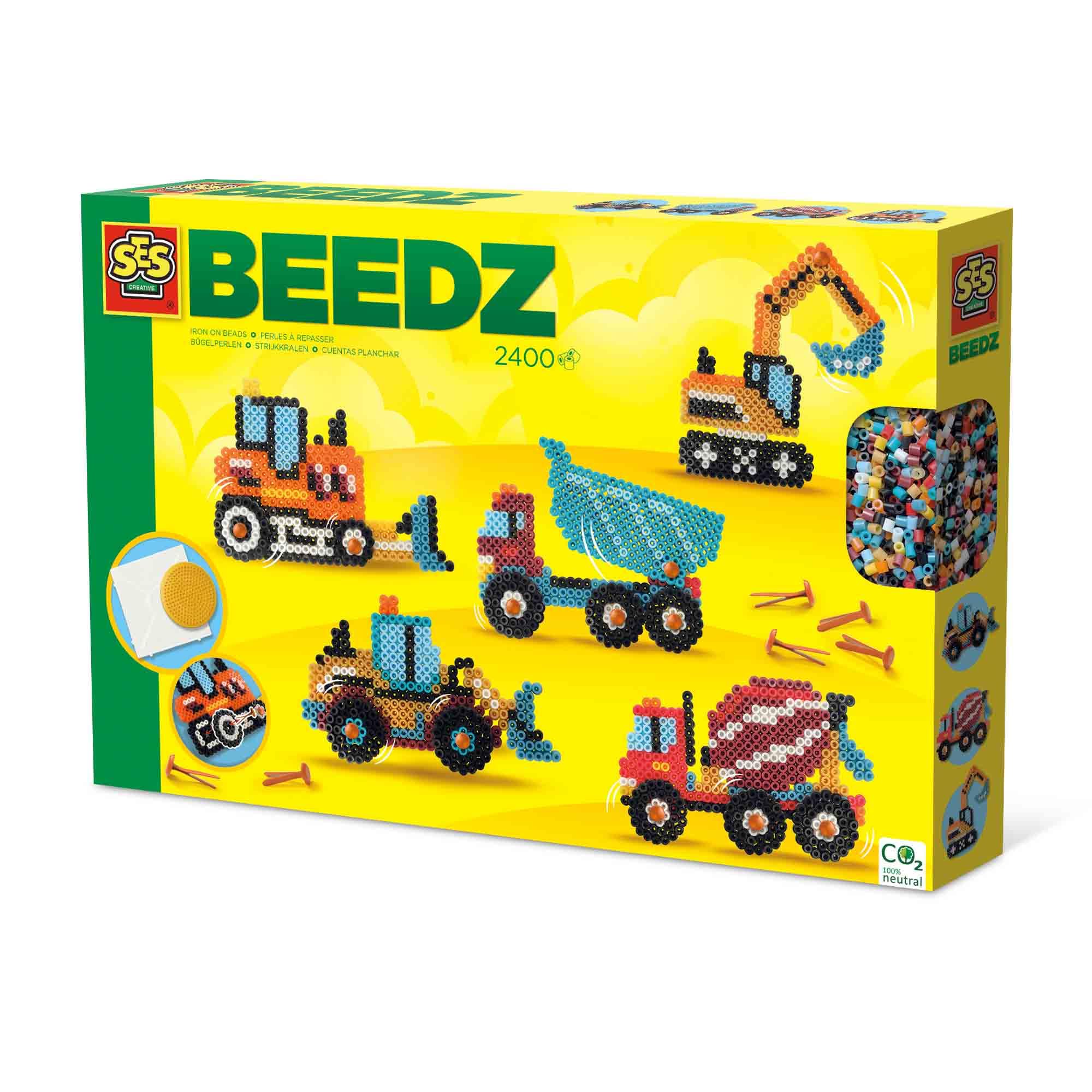 SES Creative 06206 Beedz Iron on Beads - Construction Trucks Craft Kit for Kids with Pegboard and Beads