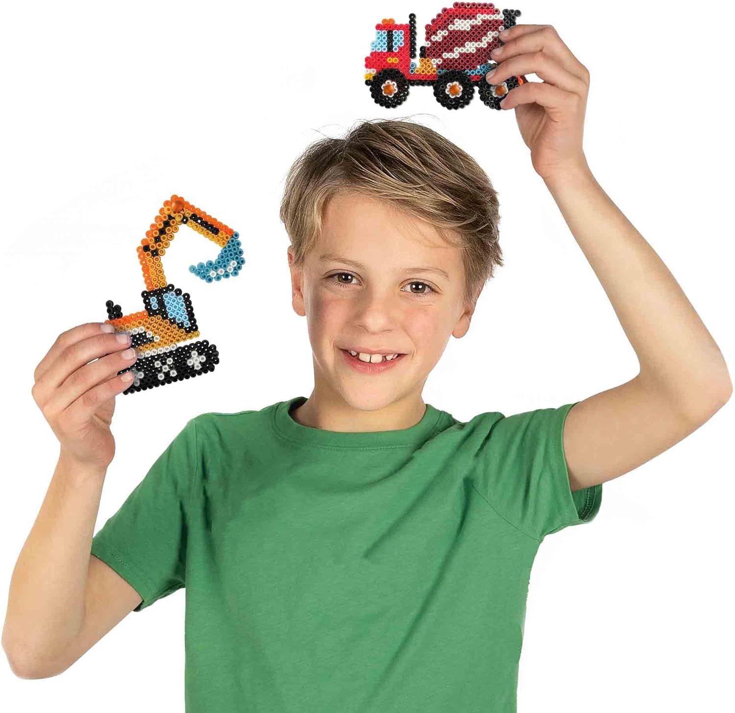 SES Creative 06206 Beedz Iron on Beads - Construction Trucks Craft Kit for Kids with Pegboard and Beads