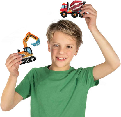 SES Creative 06206 Beedz Iron on Beads - Construction Trucks Craft Kit for Kids with Pegboard and Beads