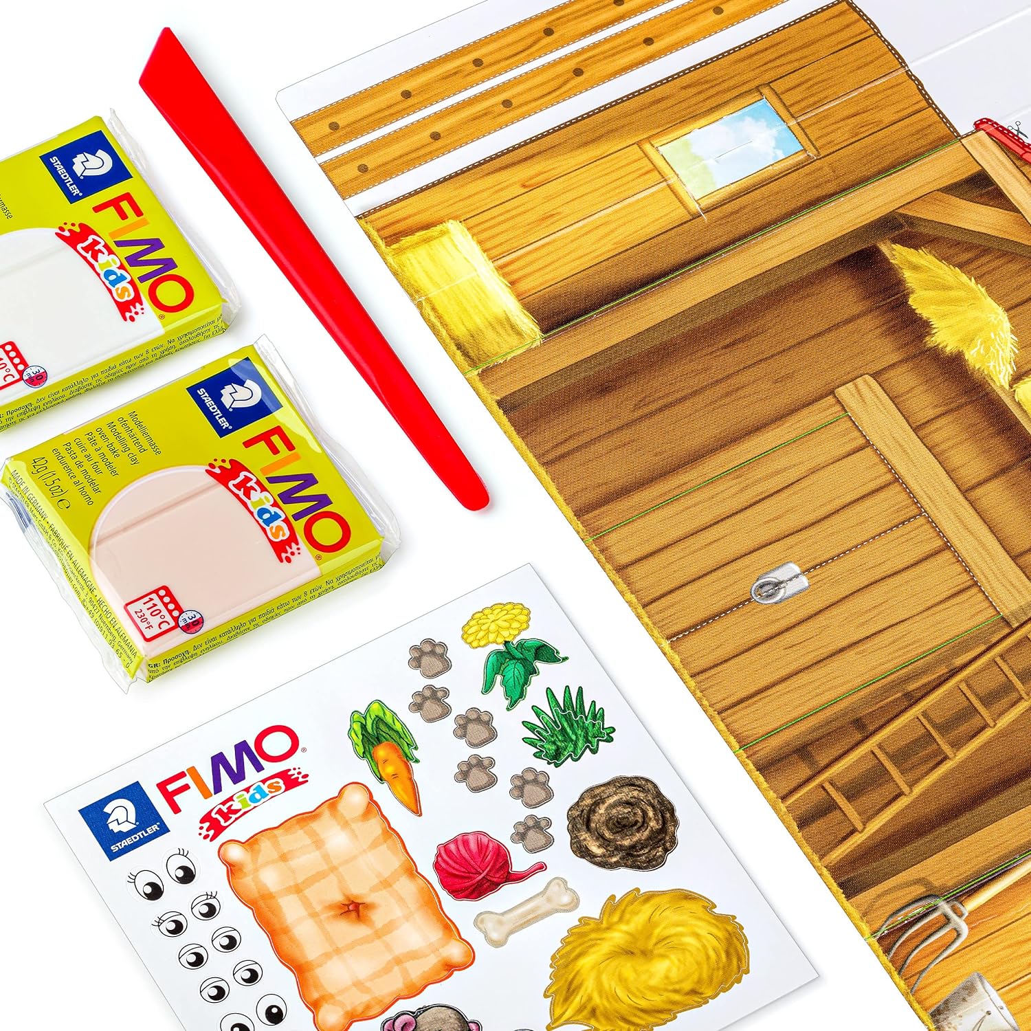Staedtler 8034 01 LY Fimo kids form&play Set Farm (super zachte, ovenhardende kneedsel, eenvoudige handleiding, hersluitbare box, set met 4 Fimo blokken, 1 modelleerstaaf en 1 speelachtergrond) Boerderij