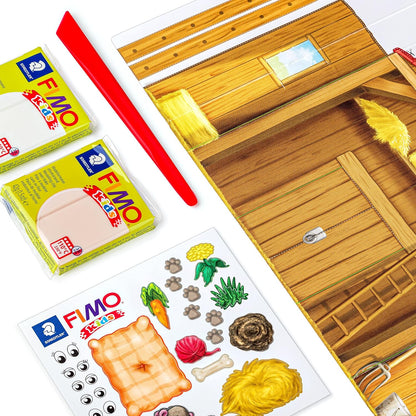 Staedtler 8034 01 LY Fimo kids form&play Set Farm (super zachte, ovenhardende kneedsel, eenvoudige handleiding, hersluitbare box, set met 4 Fimo blokken, 1 modelleerstaaf en 1 speelachtergrond) Boerderij