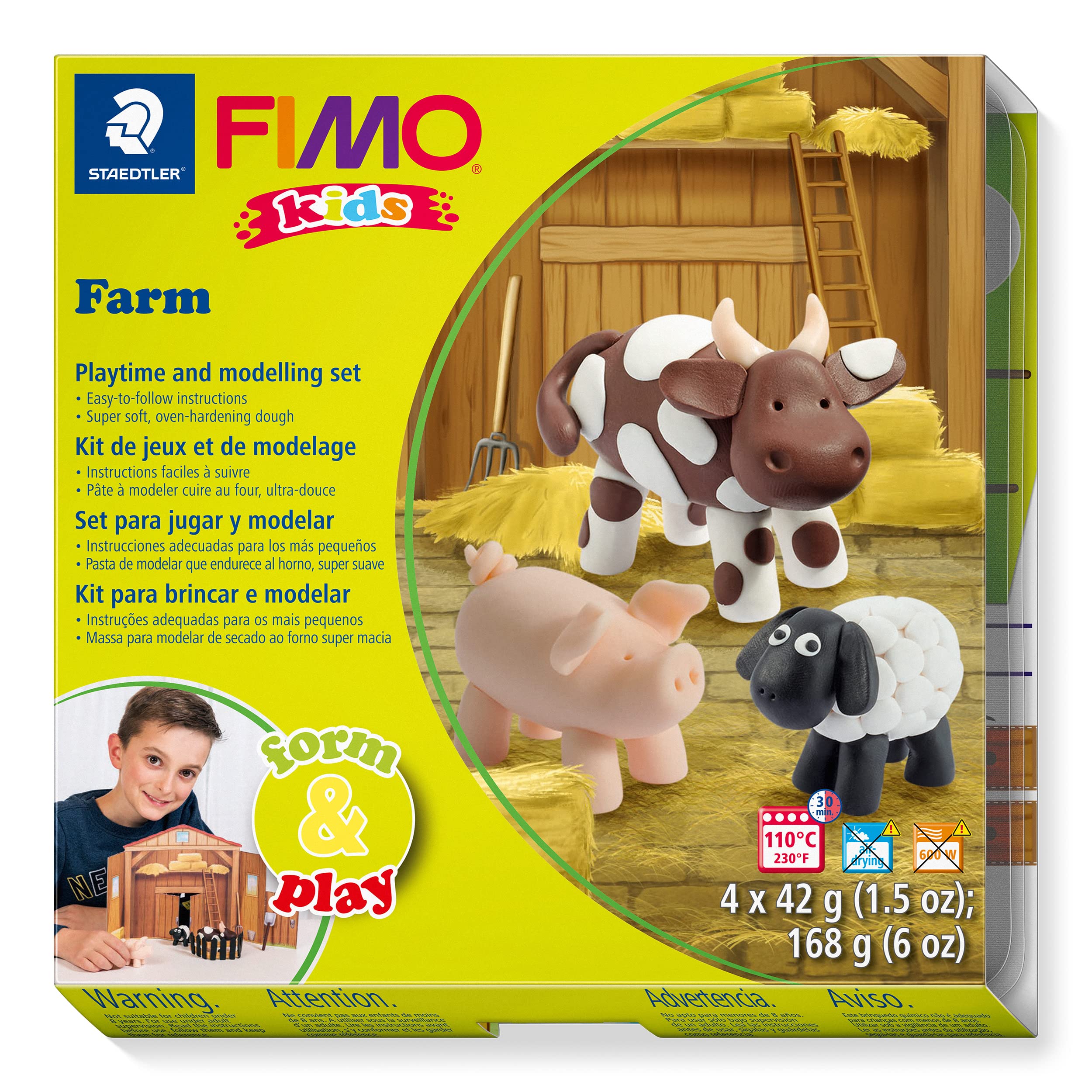 Staedtler 8034 01 LY Fimo kids form&play Set Farm (super zachte, ovenhardende kneedsel, eenvoudige handleiding, hersluitbare box, set met 4 Fimo blokken, 1 modelleerstaaf en 1 speelachtergrond) Boerderij