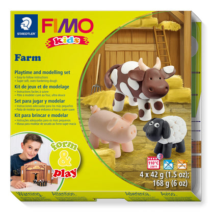 Staedtler 8034 01 LY Fimo kids form&play Set Farm (super zachte, ovenhardende kneedsel, eenvoudige handleiding, hersluitbare box, set met 4 Fimo blokken, 1 modelleerstaaf en 1 speelachtergrond) Boerderij