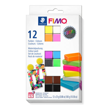 STAEDTLER 8013 C12-3 FIMO Effect Oven-Hardening Polymer Modelling Clay - Neon, Assorted Colours (Pack of 12 x 25g Half Blocks