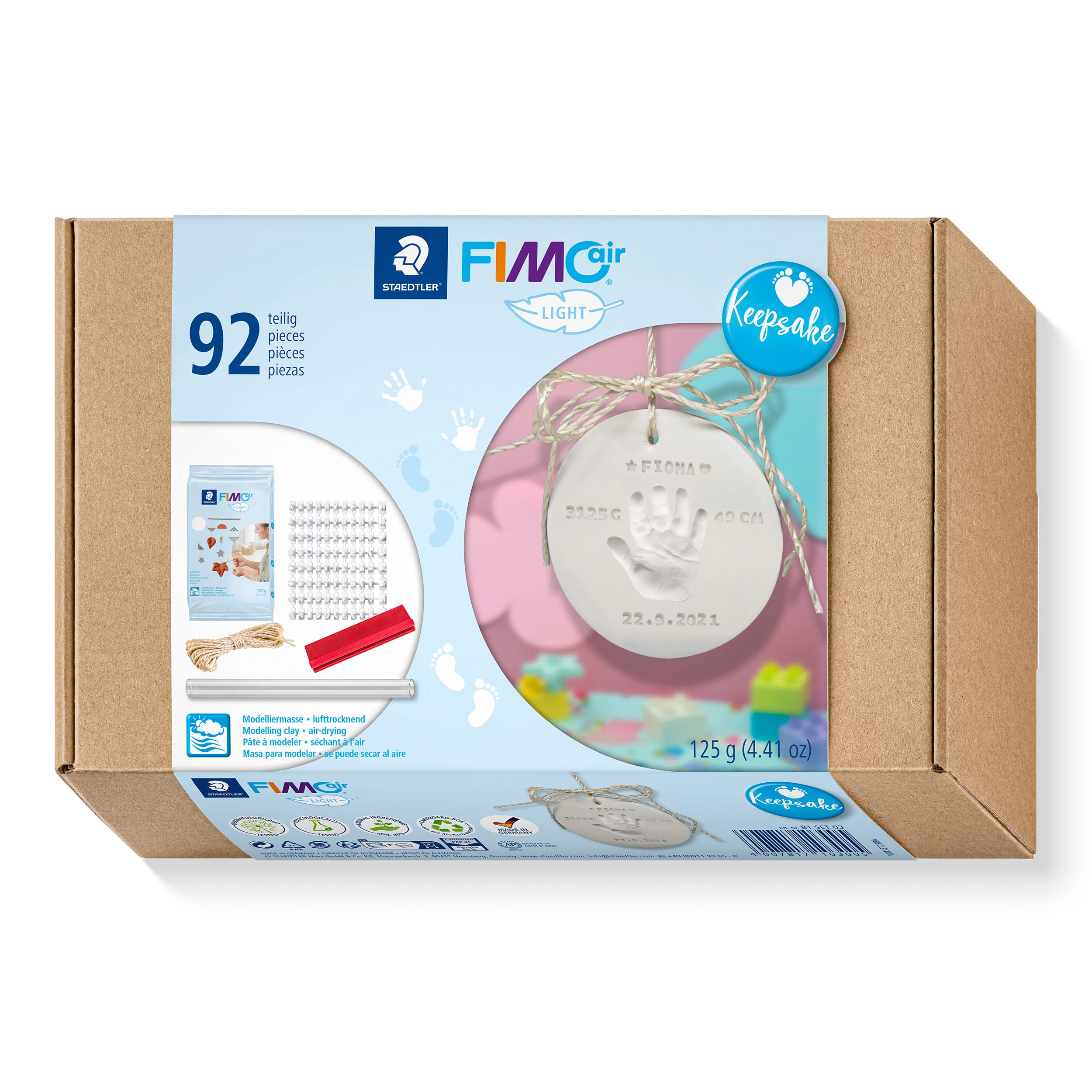 STAEDTLER 81 Set 03 FIMOair Light Air-Drying Modelling Clay - Baby Handprint Keepsake Set (Set of 92 Pieces, Including 125g Clay Block & Letter Stamp Kit)