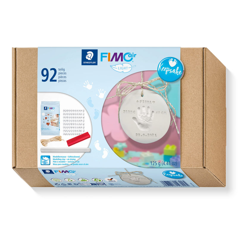 STAEDTLER 81 Set 03 FIMOair Light Air-Drying Modelling Clay - Baby Handprint Keepsake Set (Set of 92 Pieces, Including 125g Clay Block & Letter Stamp Kit)