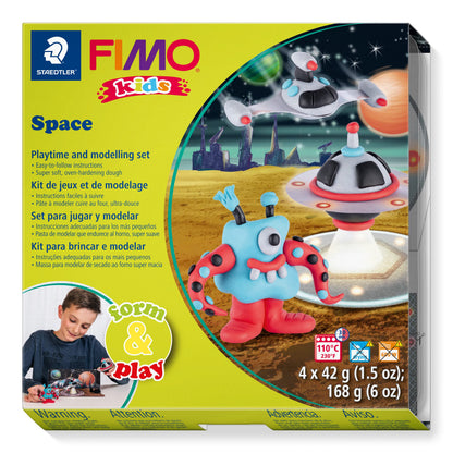 STAEDTLER 8034 17 LZ FIMO Kids Form&Play Playtime & Modelling Polymer Clay Set - "Space Monsters" (Pack of 4 Blocks, Stickers, Modelling Tools & Background Scene