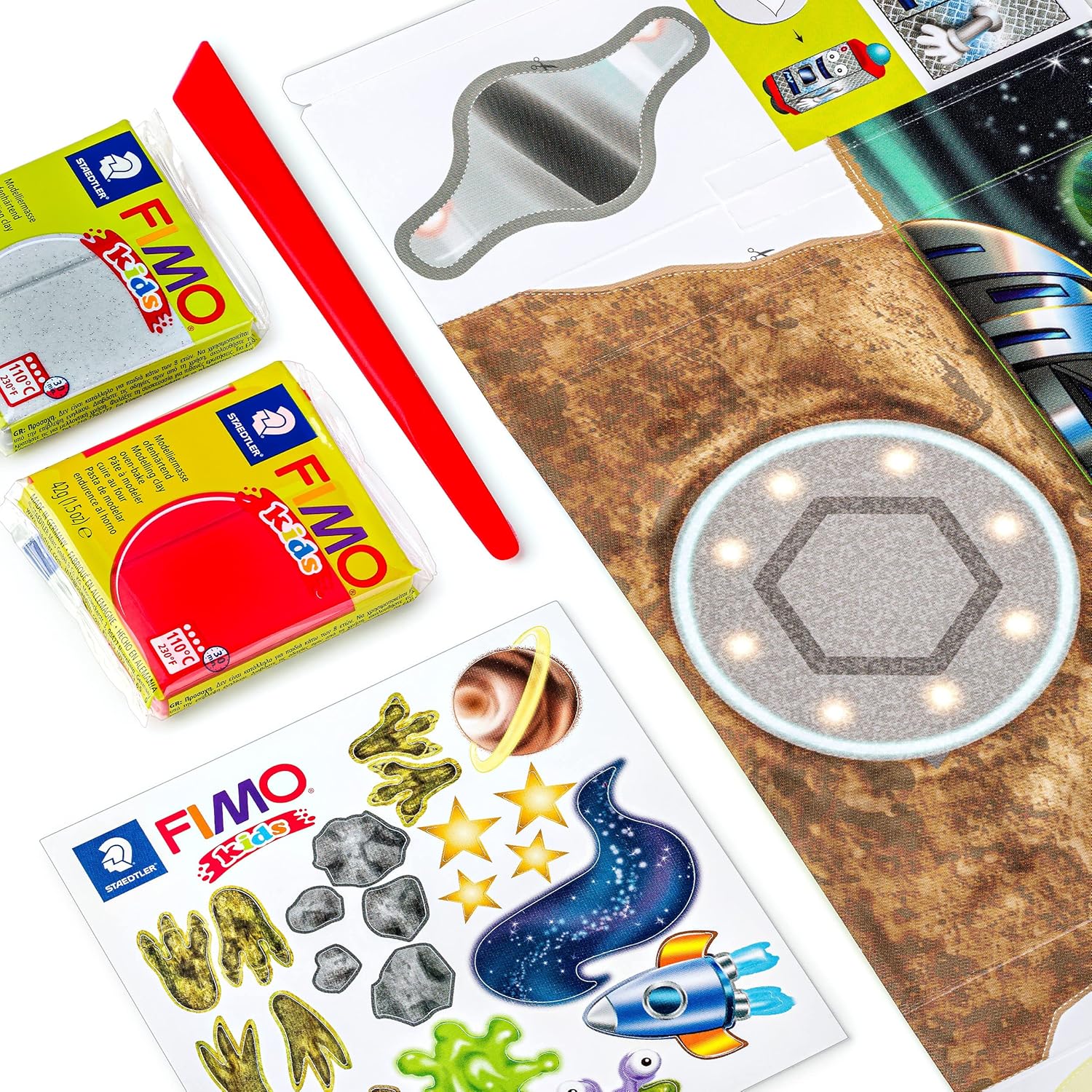 STAEDTLER 8034 17 LZ FIMO Kids Form&Play Playtime & Modelling Polymer Clay Set - "Space Monsters" (Pack of 4 Blocks, Stickers, Modelling Tools & Background Scene