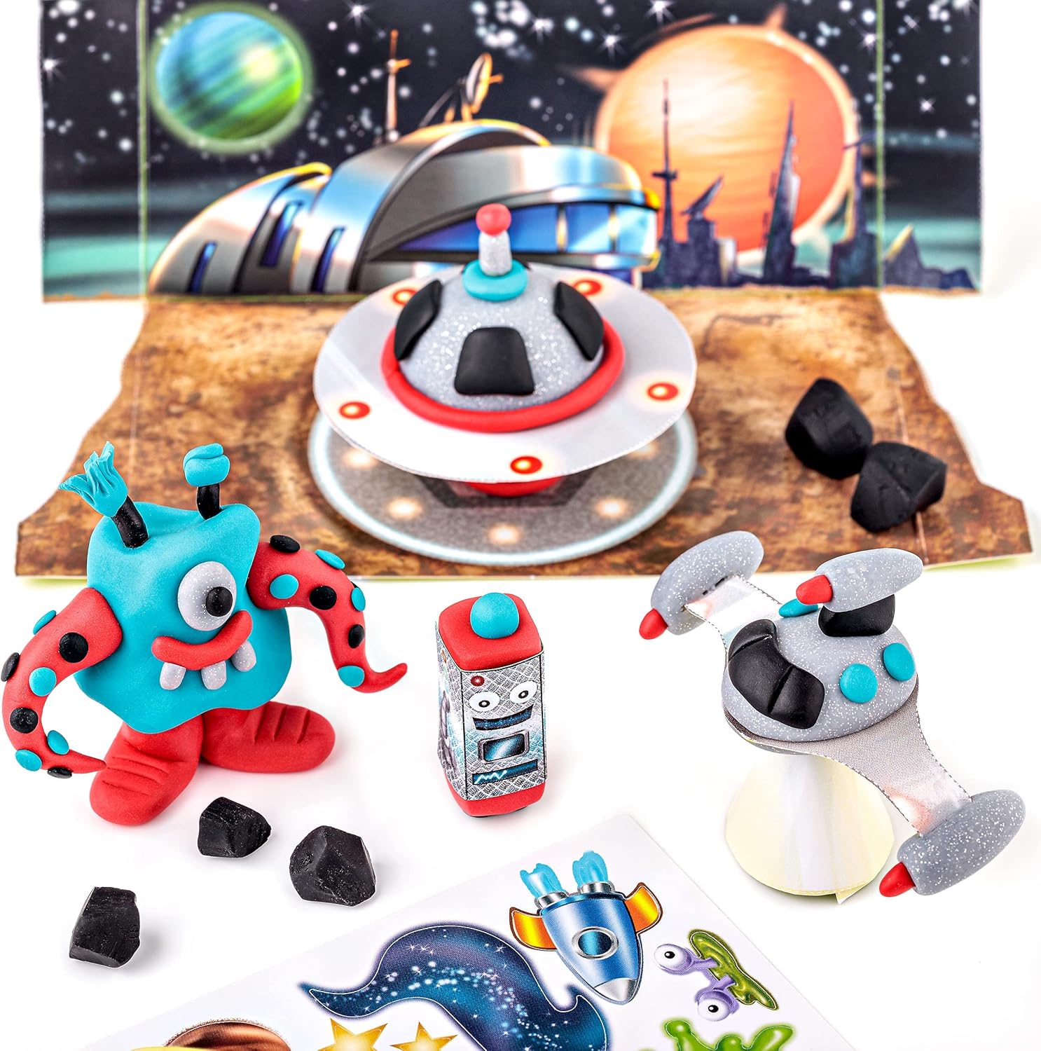 STAEDTLER 8034 17 LZ FIMO Kids Form&Play Playtime & Modelling Polymer Clay Set - "Space Monsters" (Pack of 4 Blocks, Stickers, Modelling Tools & Background Scene