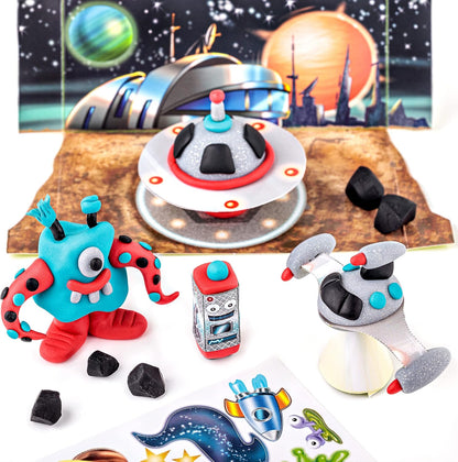 STAEDTLER 8034 17 LZ FIMO Kids Form&Play Playtime & Modelling Polymer Clay Set - "Space Monsters" (Pack of 4 Blocks, Stickers, Modelling Tools & Background Scene
