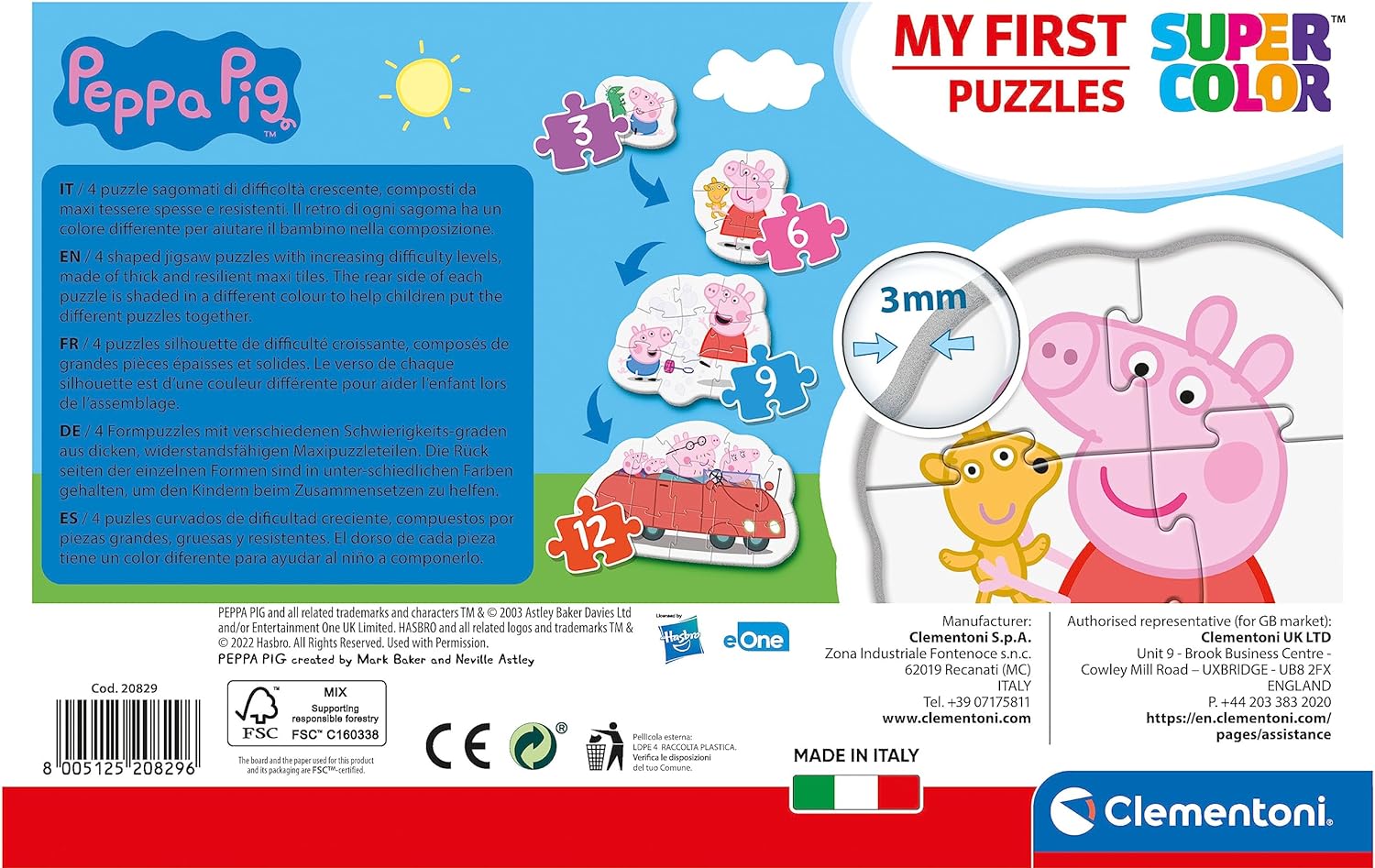 Clementoni - 20829 - Supercolor Puzzle - My First Puzzle - Peppa Pig - 3+6+9+12 pezzi - 4 puzzle sagomati - Made in Italy, puzzle bambini 2 anni+