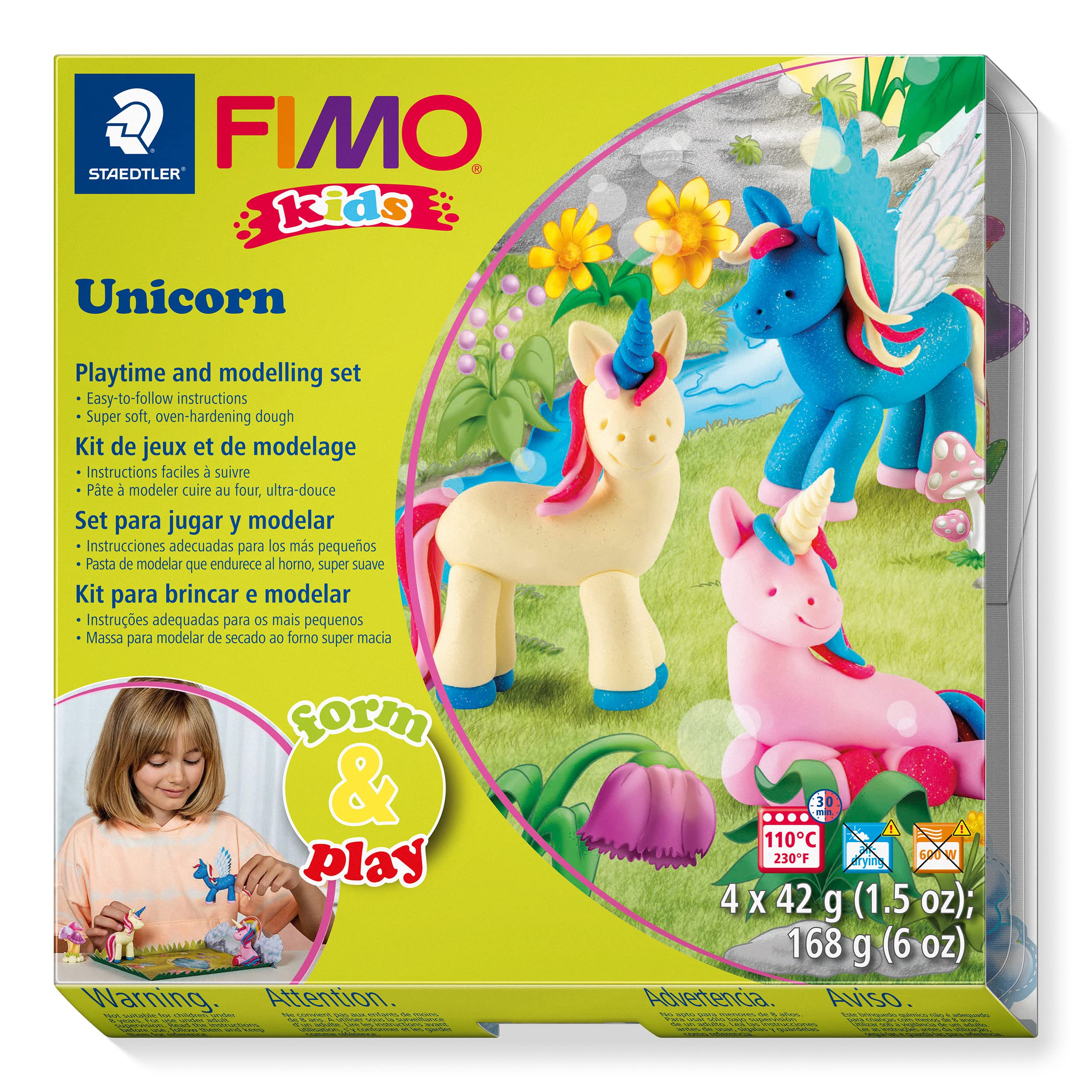 STAEDTLER 8034 19 LZ03 FIMO Kids Form&Play Playtime & Modelling Polymer Clay Set - "Unicorn" (Pack of 4 Blocks, Stickers, Modelling Tools & Background Scene
