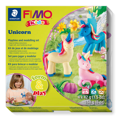 STAEDTLER 8034 19 LZ03 FIMO Kids Form&Play Playtime & Modelling Polymer Clay Set - "Unicorn" (Pack of 4 Blocks, Stickers, Modelling Tools & Background Scene