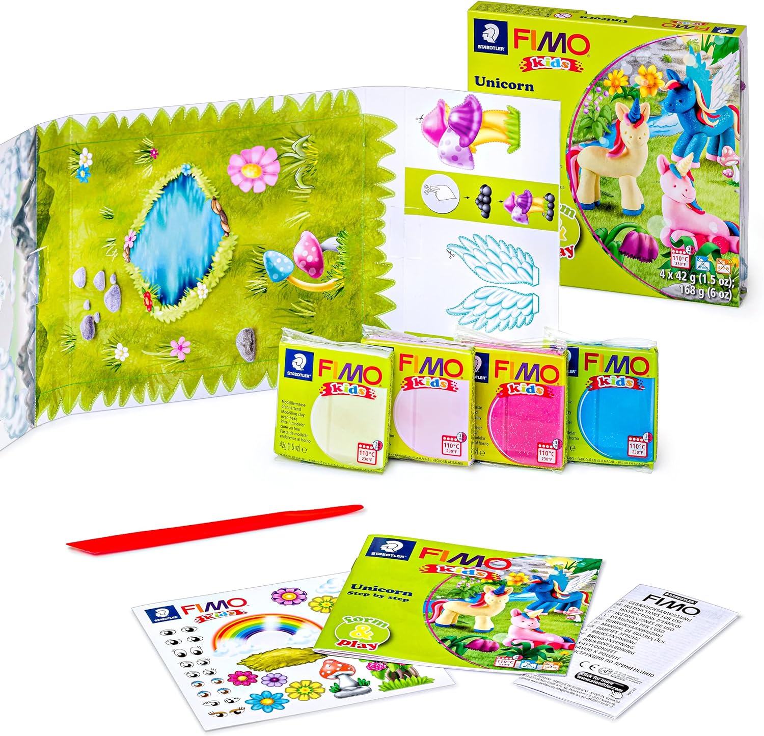 STAEDTLER 8034 19 LZ03 FIMO Kids Form&Play Playtime & Modelling Polymer Clay Set - "Unicorn" (Pack of 4 Blocks, Stickers, Modelling Tools & Background Scene