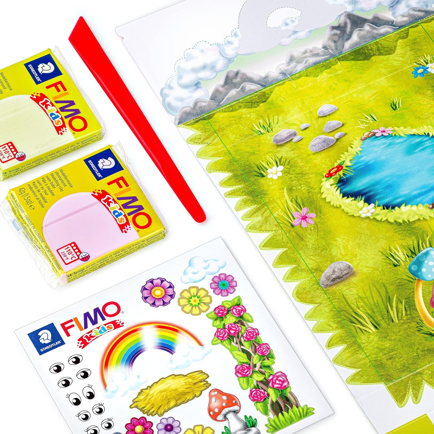 STAEDTLER 8034 19 LZ03 FIMO Kids Form&Play Playtime & Modelling Polymer Clay Set - "Unicorn" (Pack of 4 Blocks, Stickers, Modelling Tools & Background Scene