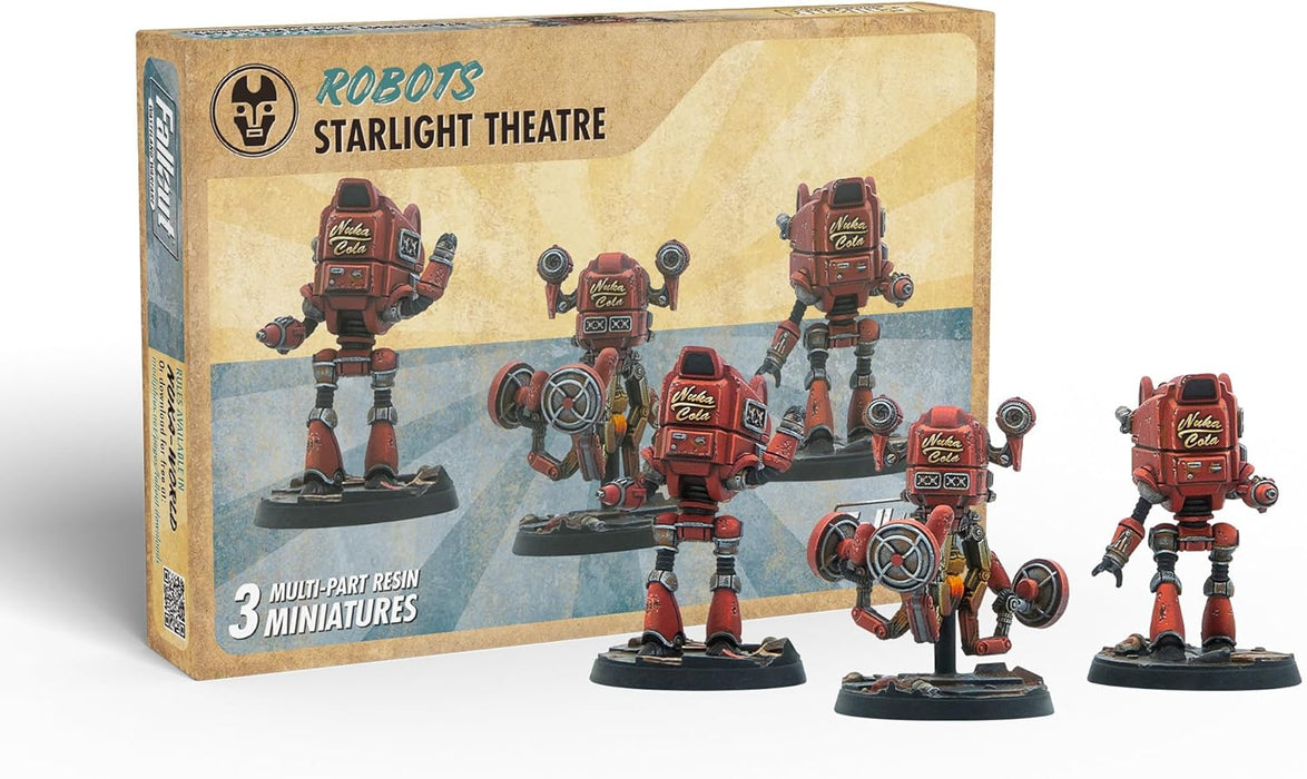 Modiphius Entertainment: Fallout: Wasteland Warfare - Robots: Starlight Theatre Staff -3 Figures, 32mm Unpainted Resin RPG Miniatures, Nuka World Wave