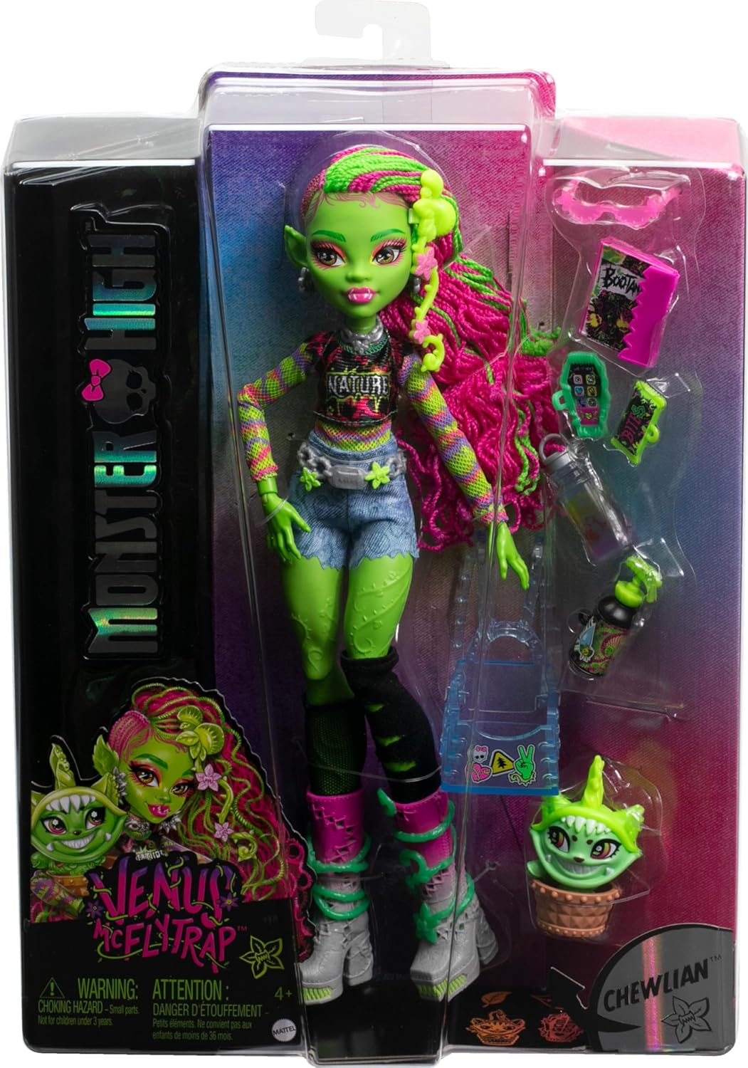Monster High Venus McFlytrap Muñeca con Chewlian, una monstruosa mascota mitad planta y mitad gatito, y diversos accesorios, como una mochila, un diario, comida y bebida, y mucho más, HRP81