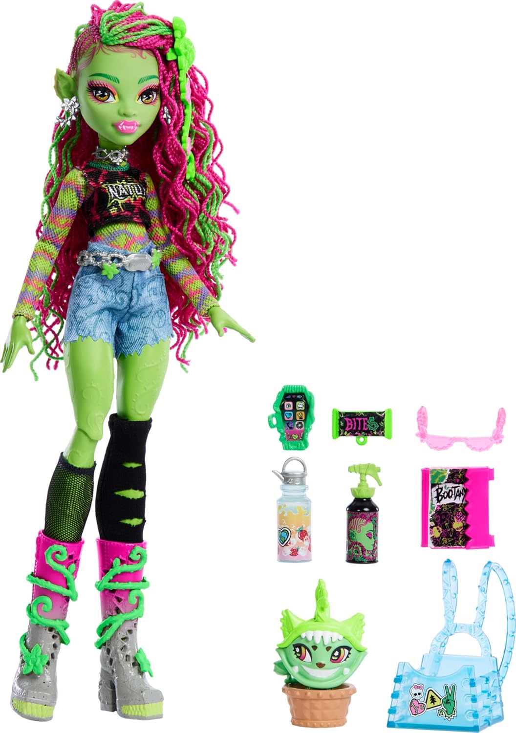 Monster High Venus McFlytrap Muñeca con Chewlian, una monstruosa mascota mitad planta y mitad gatito, y diversos accesorios, como una mochila, un diario, comida y bebida, y mucho más, HRP81