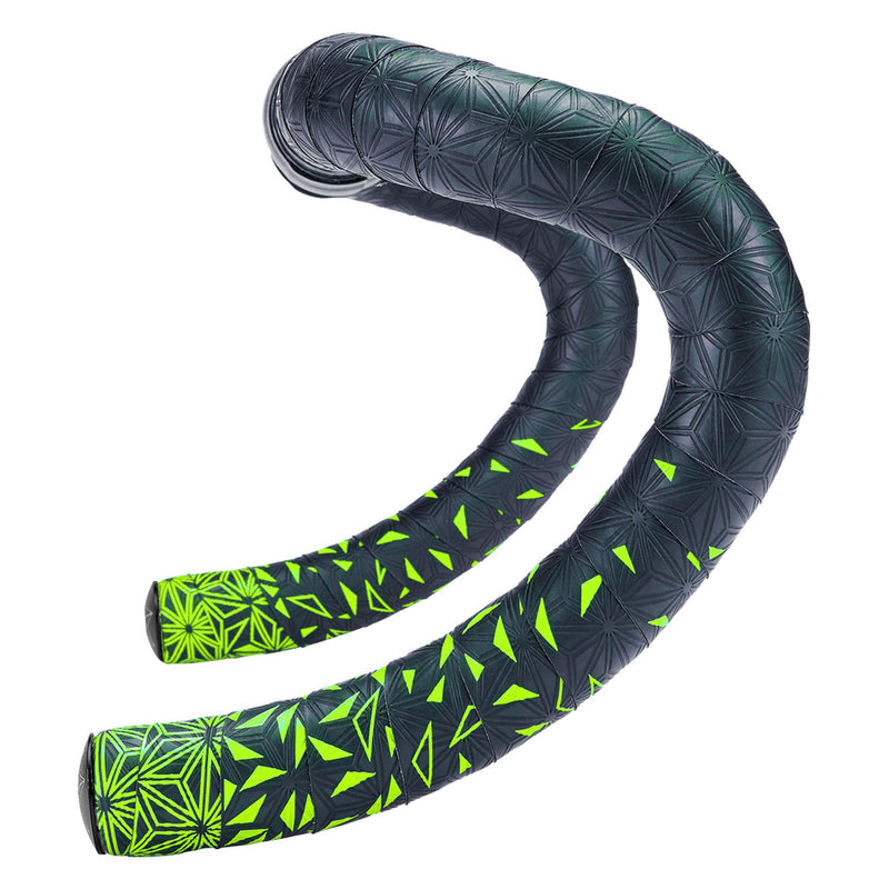 Supacaz Sticky Kush Star Fade Bar Tape Neon Yellow + Ano Black Plugs