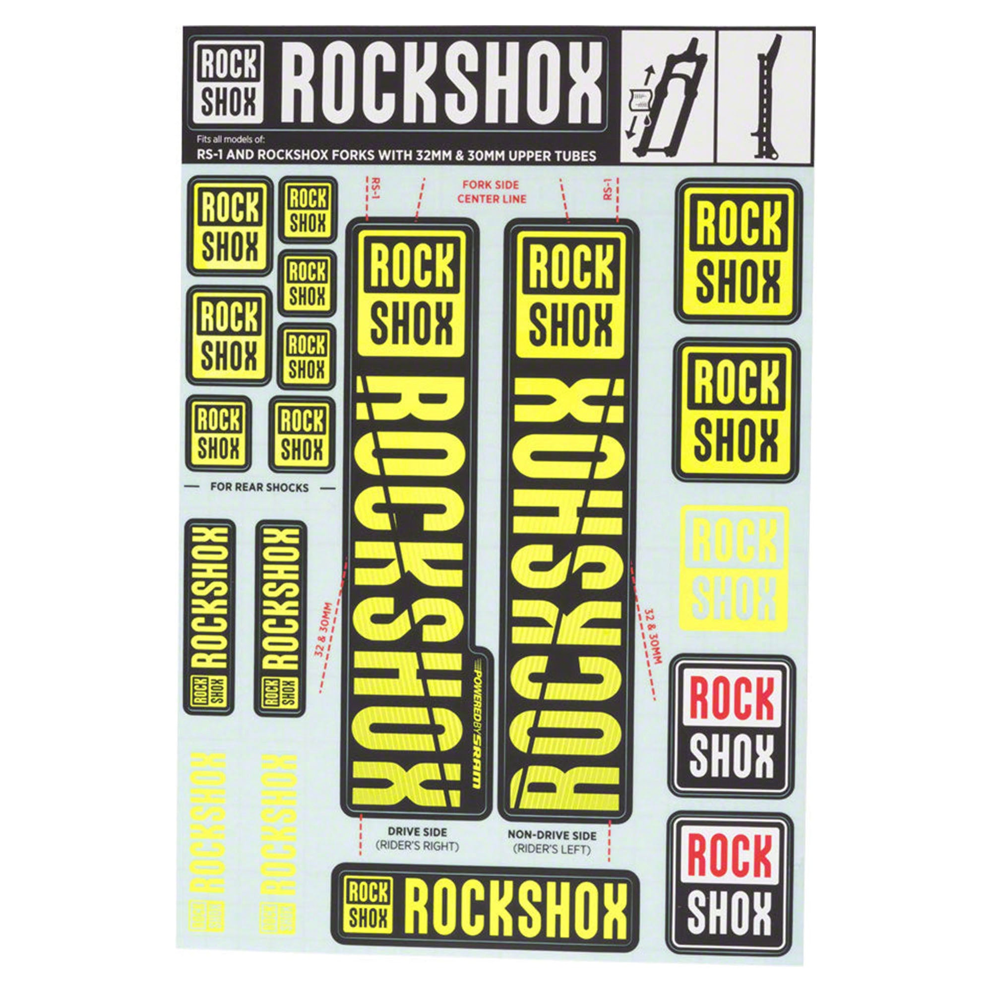Rockshox Spare Front Suspension Decal Kit 30/32mm Ne01 Yellow My18 Sid/Reba/Revelation(Pre 2018)/Sektor/Recon/Xc32/30G/30S/Xc30 Black 30/32mm