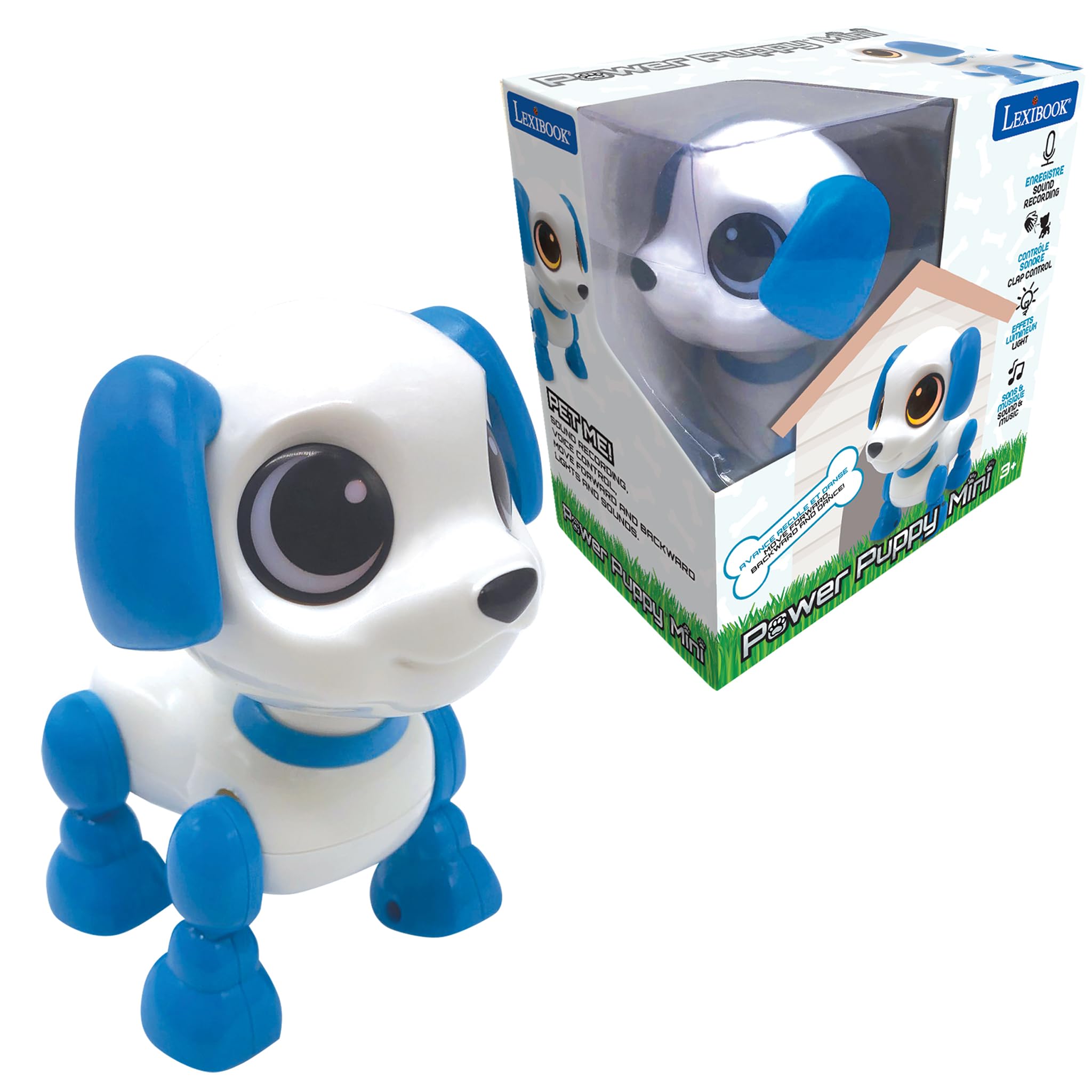 Lexibook, Power Puppy Mini, My Little Dog-Robot with Sounds, Music, Light Effects, Voice Repetition Function and Reaction to sounds, ROB02DOG, Blue/White