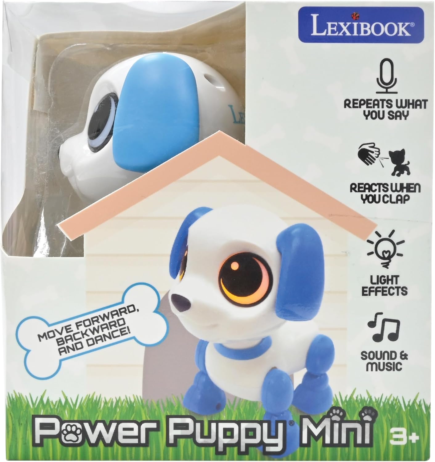 Lexibook, Power Puppy Mini, My Little Dog-Robot with Sounds, Music, Light Effects, Voice Repetition Function and Reaction to sounds, ROB02DOG, Blue/White