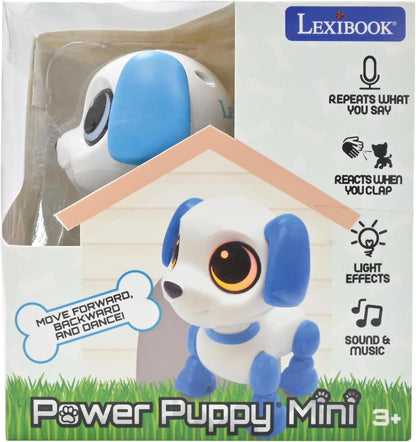 Lexibook, Power Puppy Mini, My Little Dog-Robot with Sounds, Music, Light Effects, Voice Repetition Function and Reaction to sounds, ROB02DOG, Blue/White