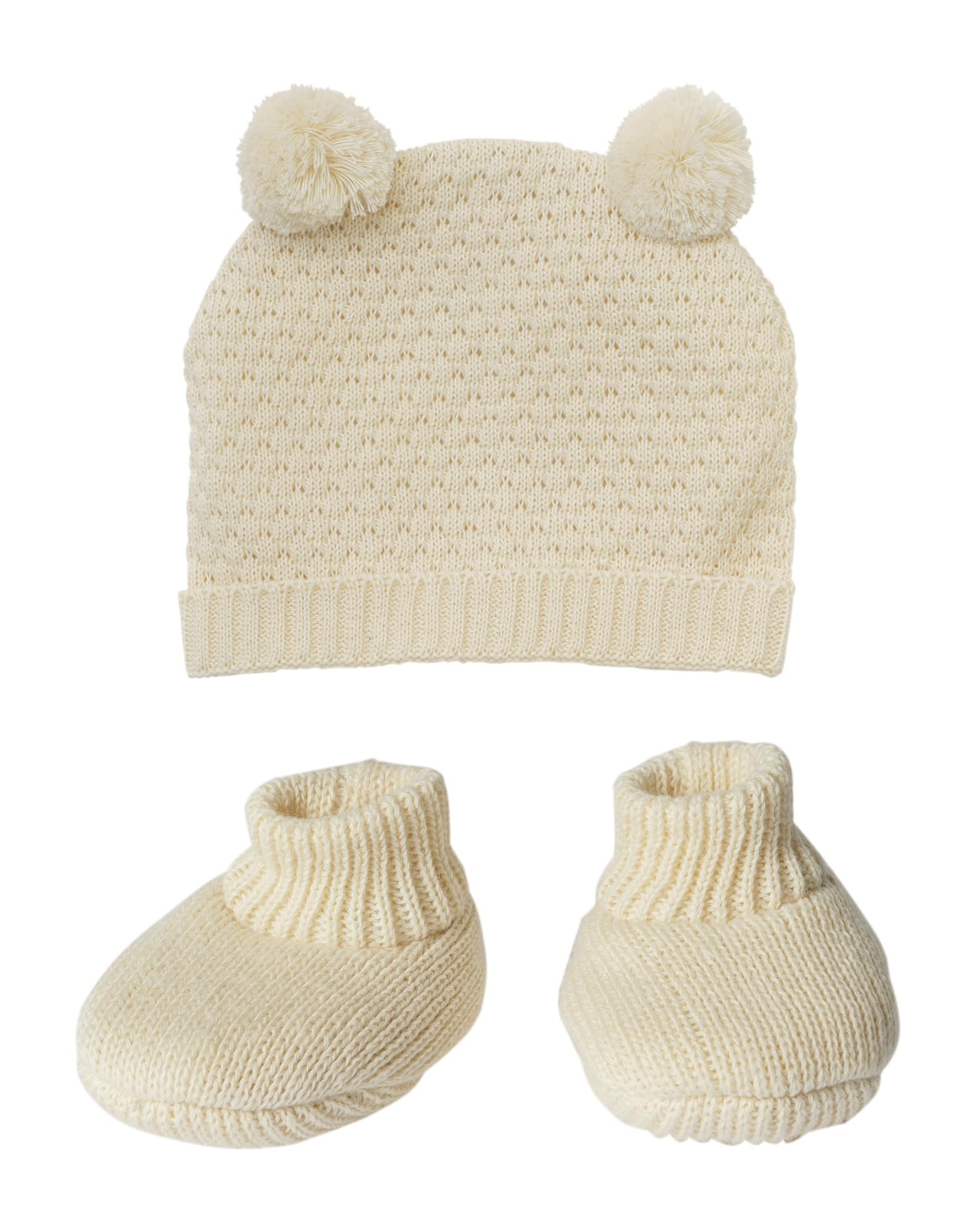 Heless 480 - Puppenkleidung aus 100% Bio-Baumwolle, 2-teiliges Strickset mit Bommelmütze und Strickschuhen in Ecru für Puppen und Kuscheltiere der Größe 35-45 cm