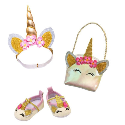 Heless 2311 - Puppenzubehör im Design Glitzer-Einhorn, 3-teiliges Accessoire Set mit Ballerinas, Tasche und Haarband für Puppen und Kuscheltiere der Größe 30-34 cm
