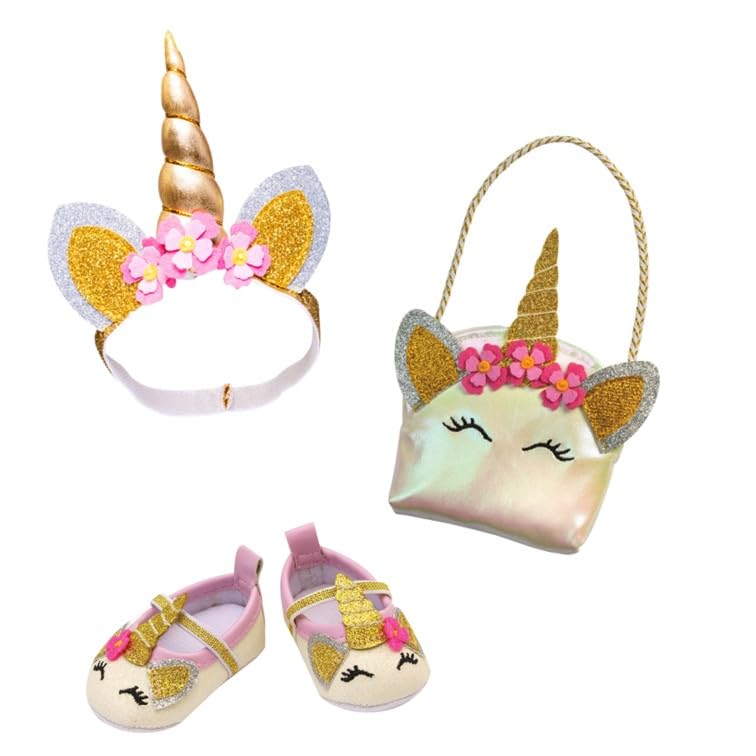 Heless 2311 - Puppenzubehör im Design Glitzer-Einhorn, 3-teiliges Accessoire Set mit Ballerinas, Tasche und Haarband für Puppen und Kuscheltiere der Größe 30-34 cm