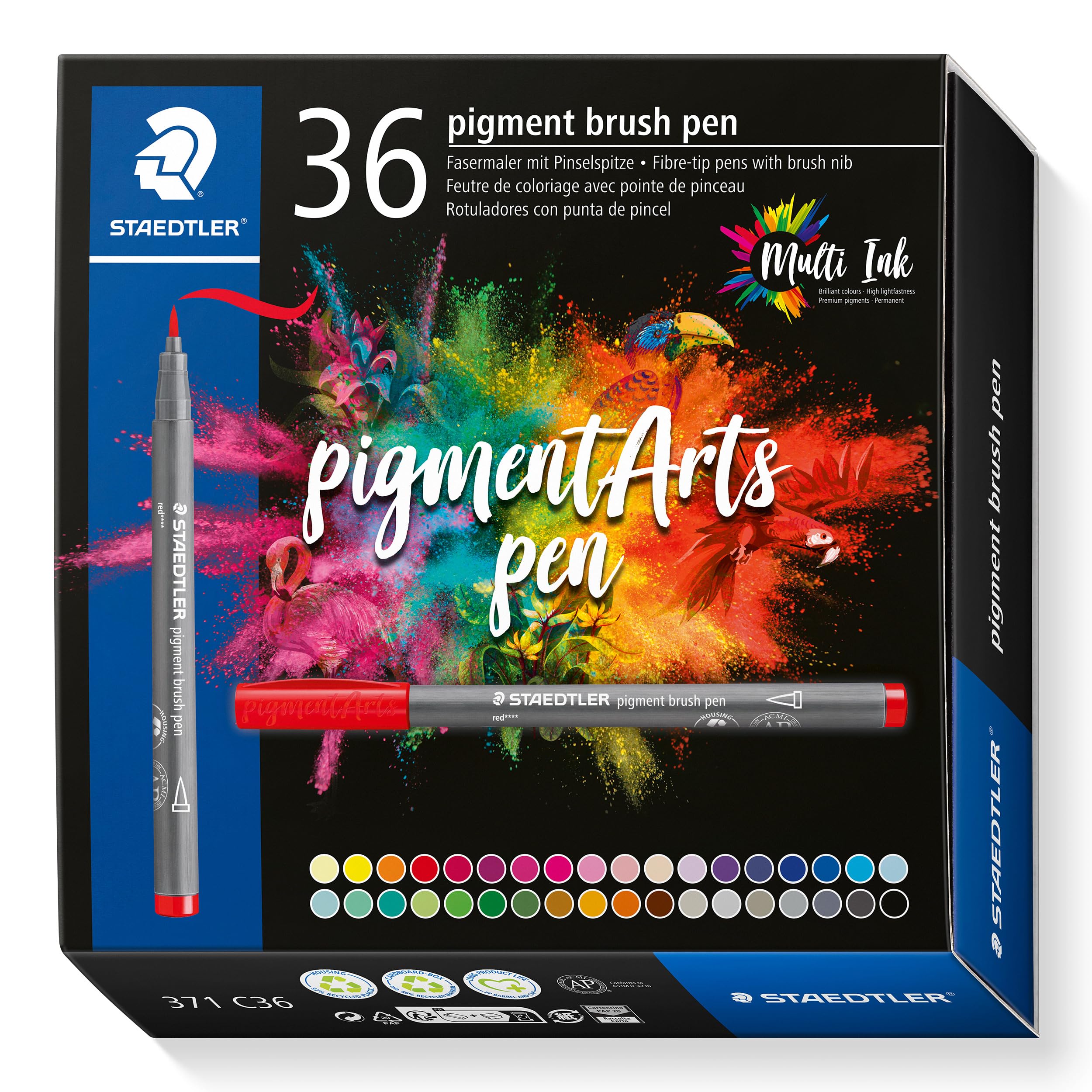 STAEDTLER 371 C36 Pigment Arts Brush Pen - Assorted Basic Colours (Pack of 36) Basic Pack of 36