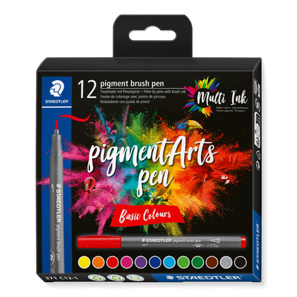 STAEDTLER 371 C12-1 Pigment Arts Brush Pen - Assorted Basic Colours (Pack of 12) Basic Pack of 12
