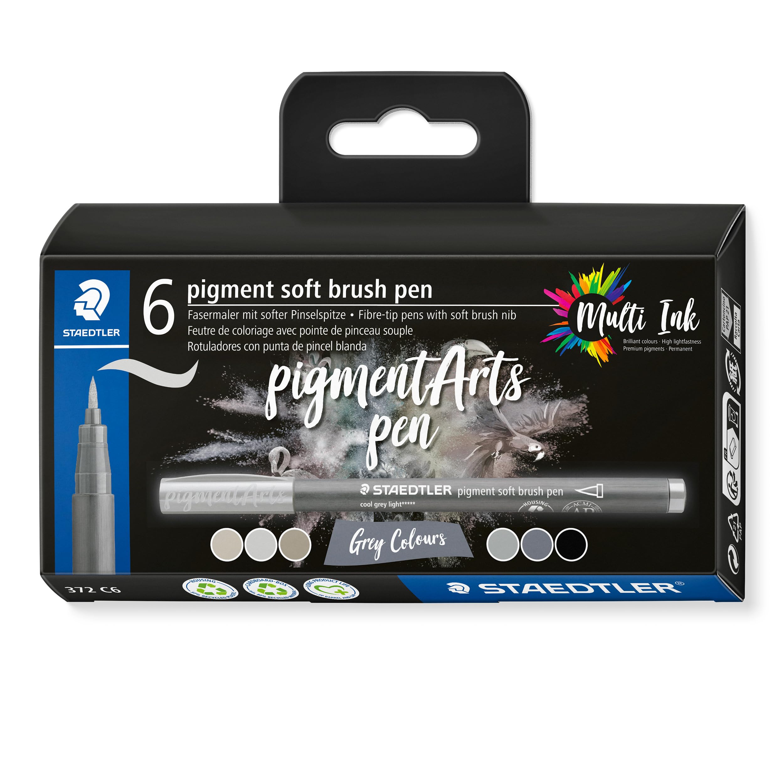 STAEDTLER 372 C6 Pigment Arts Soft Brush Pen - Assorted Grey Colours (Pack of 6) Assorted Greys