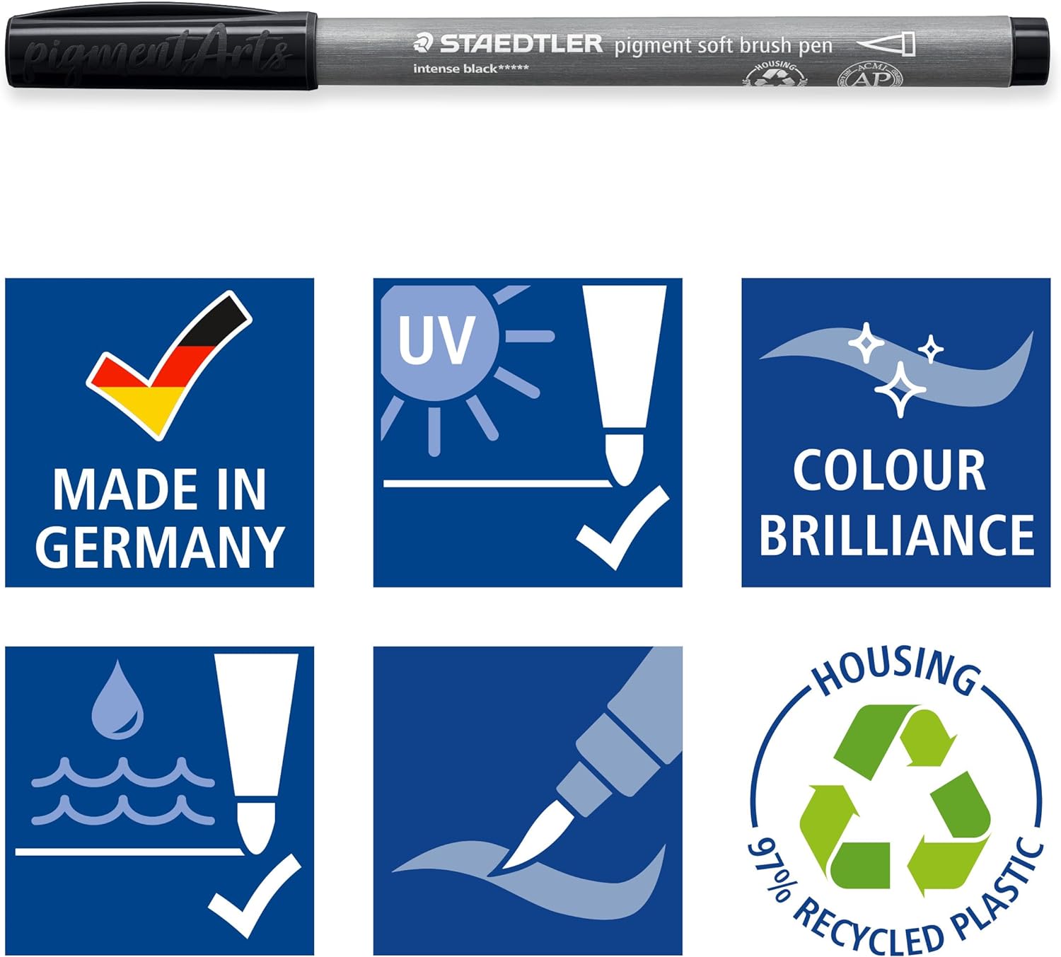 STAEDTLER 372 C6 Pigment Arts Soft Brush Pen - Assorted Grey Colours (Pack of 6) Assorted Greys