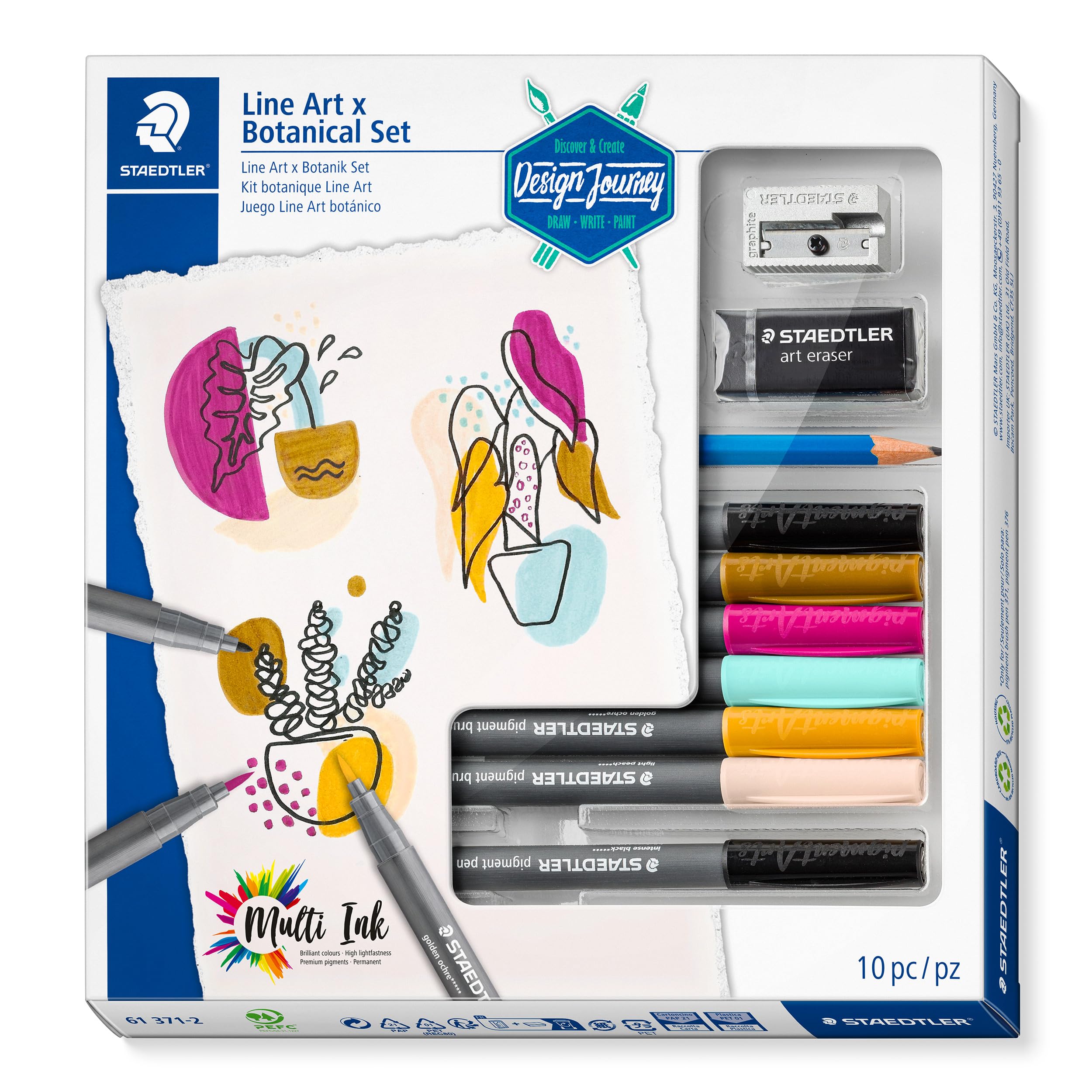 STAEDTLER 61 371-2 Design Journey Pigment Arts Brush Line Art & Botanical Set - Mixed Set for Line Art Drawing (Pack of 10 Pieces)