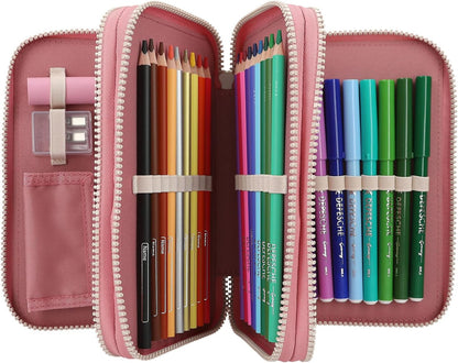 Depesche 12869 Miss Melody Flowers-Astuccio a 3 Scomparti in Rosa, con Motivo di Cavalli, portamine con matite Colorate, Righello, Forbici e Molto Altro, Colore Pink, 0012869