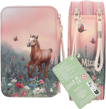 Depesche 12869 Miss Melody Flowers-Astuccio a 3 Scomparti in Rosa, con Motivo di Cavalli, portamine con matite Colorate, Righello, Forbici e Molto Altro, Colore Pink, 0012869