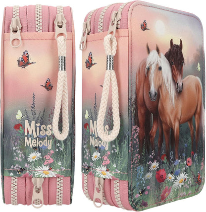 Depesche 12869 Miss Melody Flowers-Astuccio a 3 Scomparti in Rosa, con Motivo di Cavalli, portamine con matite Colorate, Righello, Forbici e Molto Altro, Colore Pink, 0012869