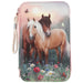 Depesche 12869 Miss Melody Flowers-Astuccio a 3 Scomparti in Rosa, con Motivo di Cavalli, portamine con matite Colorate, Righello, Forbici e Molto Altro, Colore Pink, 0012869