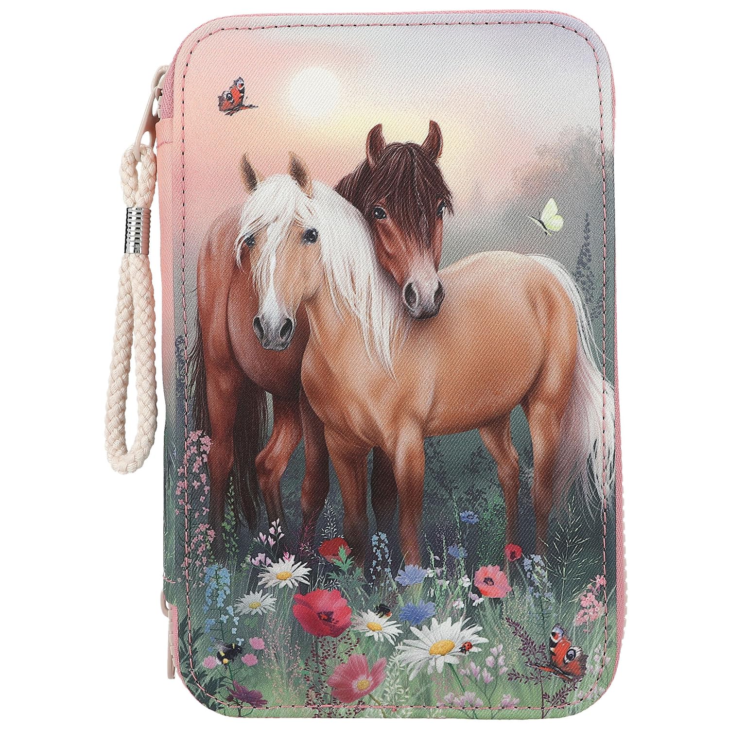 Depesche 12869 Miss Melody Flowers-Astuccio a 3 Scomparti in Rosa, con Motivo di Cavalli, portamine con matite Colorate, Righello, Forbici e Molto Altro, Colore Pink, 0012869