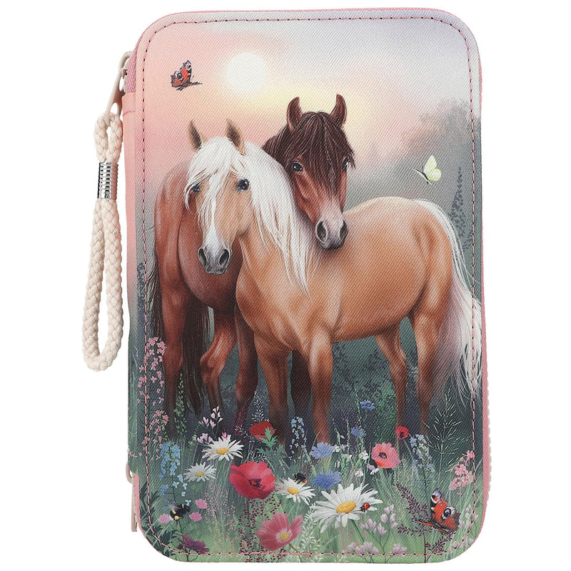 Depesche 12869 Miss Melody Flowers-Astuccio a 3 Scomparti in Rosa, con Motivo di Cavalli, portamine con matite Colorate, Righello, Forbici e Molto Altro, Colore Pink, 0012869