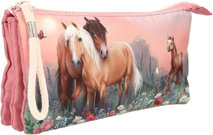 Depesche Miss Melody Flowers 12870 Fan Pencil Case with 3 Zip Compartments with Horse Motif and Dog Pendant
