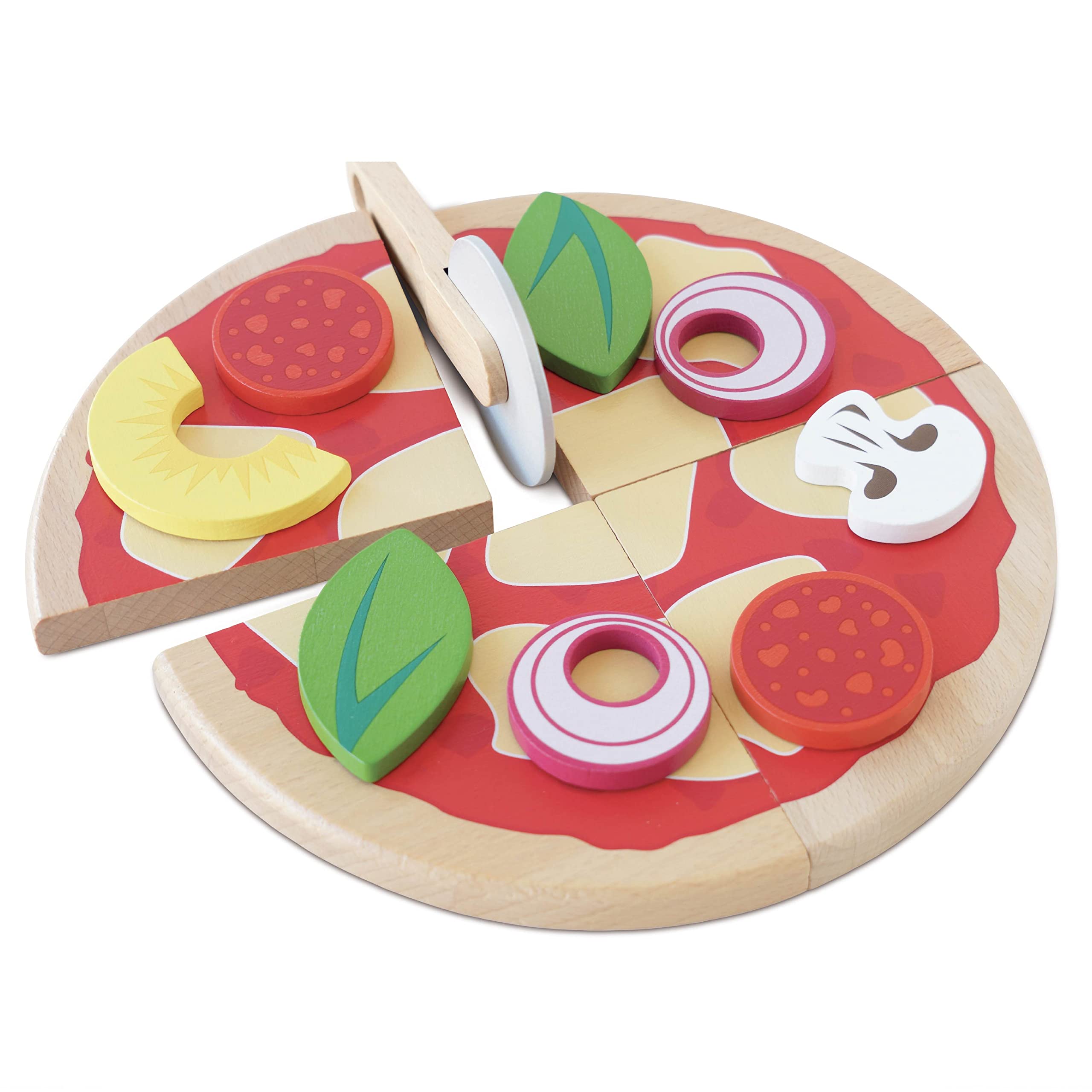 Le Toy Van - TV279 - Juguete Educativo Juego de Pizza para niños a Partir de 2 años, Fieltro Juego Pizza, Montessori, Fabricado en Madera, 13 Piezas, Incluye Cortador de Pizza, Juego ecológico