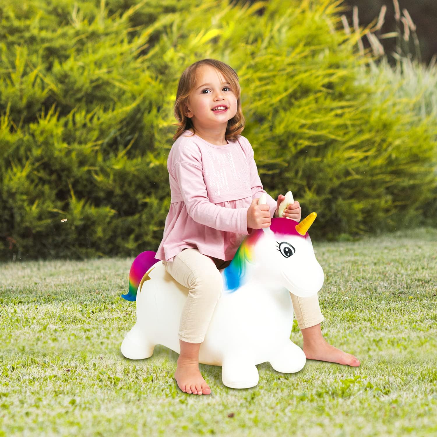 Mondo Toys - Unicorn Ride-On Inflatable Unicorn for Kids - Inflatable Riding Unicorn - Jumping Animal 09132