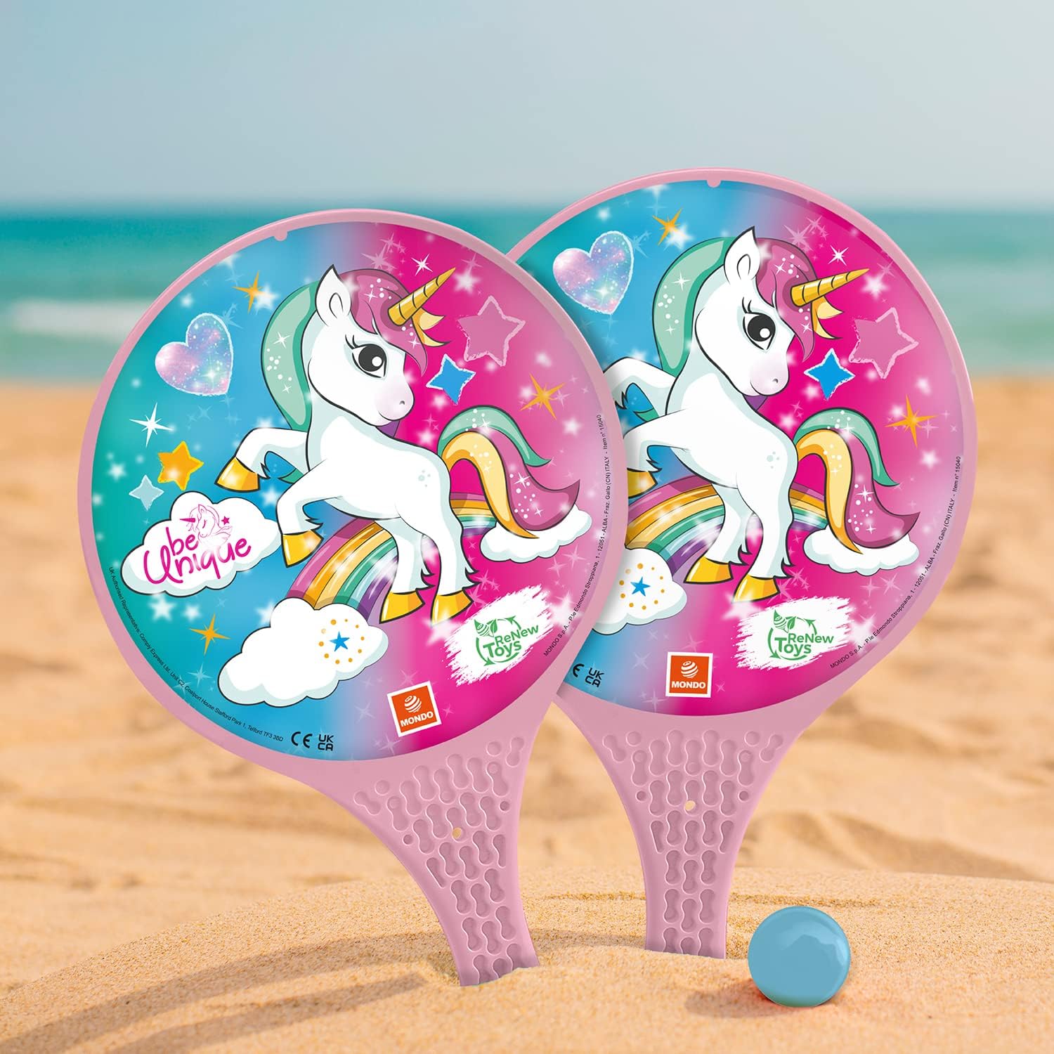 Mondo 15040 Toys-Unicorn Glitter-2 Plastic Rackets/Rubber Ball-Beach Game for Children and Adults-15040