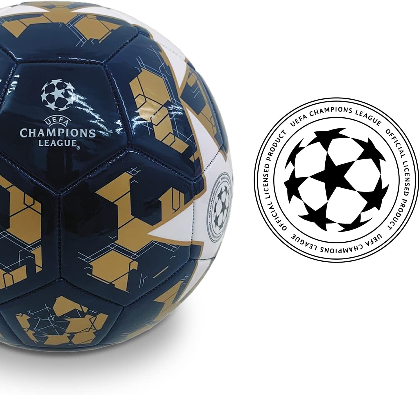 Mondo Toys - Pallone da Calcio Cucito CHAMPIONS LEAGUE - Prodotto Ufficiale - misura 5 - 400 g - colore Oro Blu 23001
