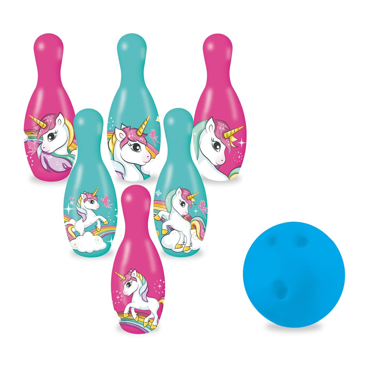 Mondo Toys – Einhorn-Bowling-Set für Kinder – INKLUSIVE 1 Ball und 6 Einhorn-Themenkegel – Sportspielzeug – Spiel für Kinder 2 3 4 Jahre – 28526